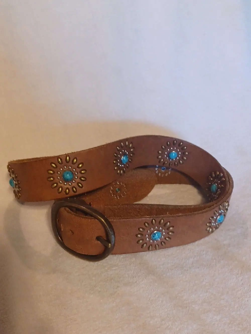 Brown Leather Belt with Turquoise Stud Accents Size Xlarge